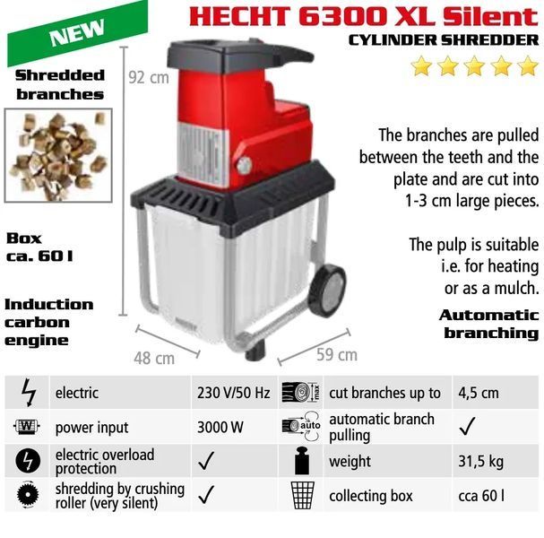 Садовий подрібнювач гілок HECHT 6300 XL SILENT, фрезерний, 3000 Вт, 45 мм, 60 л, 31,5 кг HECHT6300XLSilent фото