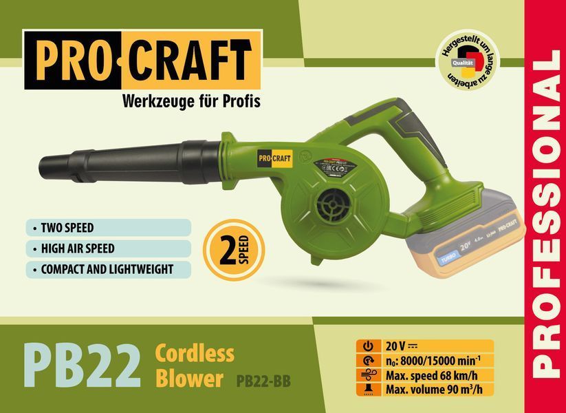 Акумуляторна повітродувка Procraft PB22 (без АКБ та зп), 20 В, 8000/15000 об/хв, швидкість повітря 244 км/г, поток 90 м&sup3;/г 030259 фото