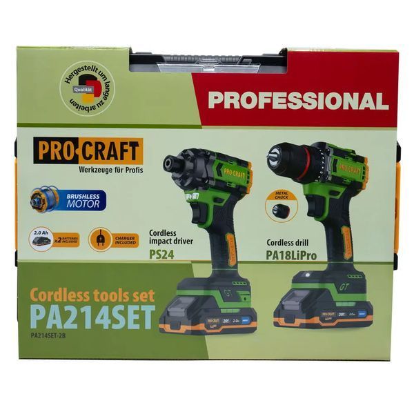 Набір акумуляторного шуруповерта та гвинтоверта Procraft PA214SET 20В, 2 акумулятори 2 А&middot;год, кейс 002140 фото