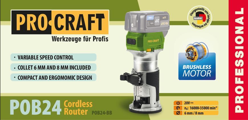 Акумуляторний фрезер Procraft POB24, 20 В, 16000&ndash;35000 об/хв, цанга 6/8 мм, безщітковий (без АКБ та ЗП) 030268 фото