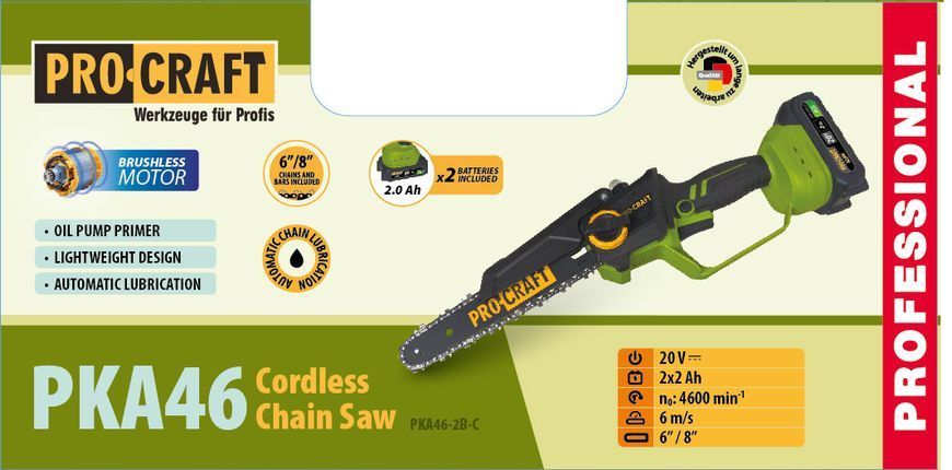 Аккумуляторная мини-пила Procraft PKA46, 20 В, 6"/8", бесщеточный двигатель (2 АКБ 2 Ач, кейс) 030046 фото