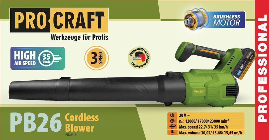 Аккумуляторная воздуходувка Procraft PB26 20В, 3 режима, 1 аккумулятор 3Ач и зарядное устройство 030364 фото
