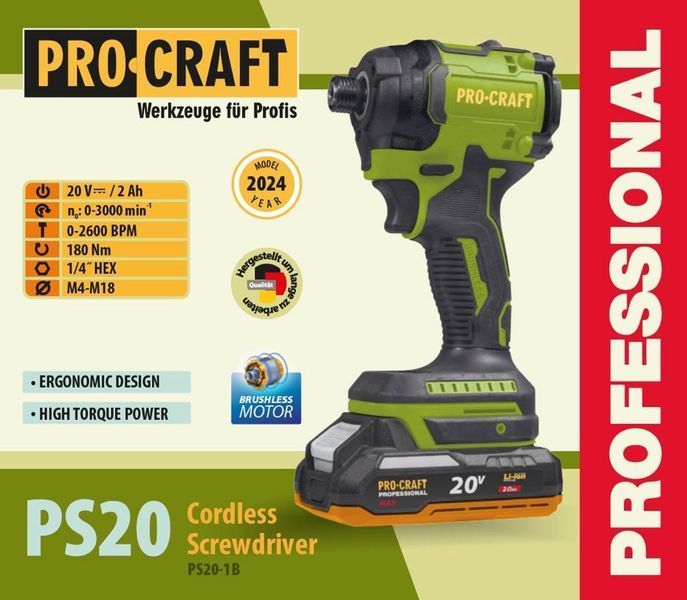 Акумуляторний гвинтоверт Procraft PS20 20 В, 180 Нм, безщітковий, АКБ 2 А&middot;год 030269 фото