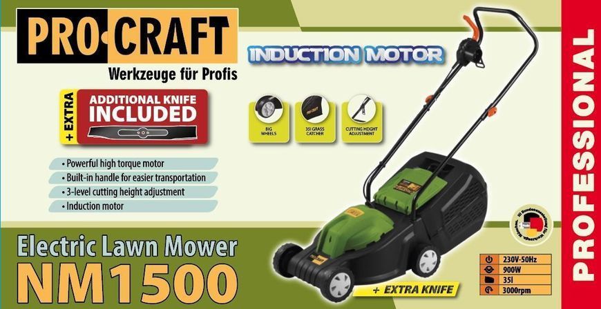 Газонокосилка электрическая Procraft NM1500 EU, 900 Вт, ширина кошения 320 мм, травосборник 30 л. 015002 фото