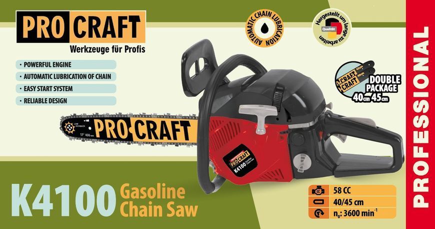 Бензопила Procraft K4100, 3000 Вт, двигатель 58 см&sup3;, шины 40 и 45 см, Easy Start 604101 фото