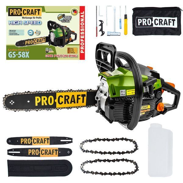Бензопила Procraft GS-58X, двотактний 1400 Вт, 11800 об/хв, шина 14'' / 16'', крок 3/8 Lp, ручний стартер GS58X фото