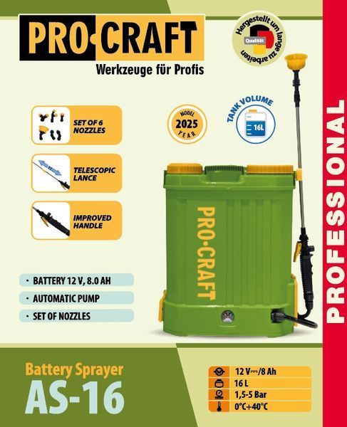 Акумуляторний обприскувач 12 В, 16 л, 1.5&ndash;5 Атм, 8 Аг &ndash; Procraft AS16 (2026) 000163 фото