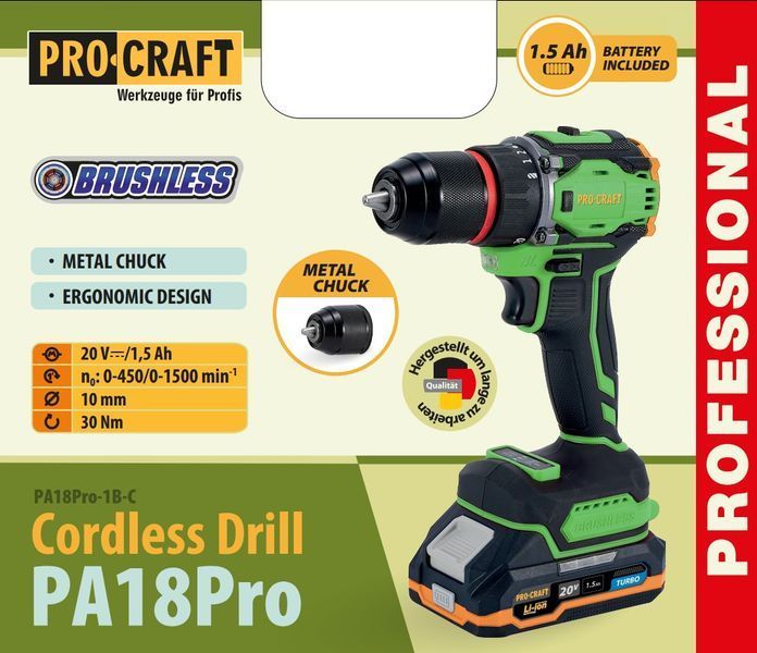 Шуруповерт двигатель безщеточный крутящий момент: 30 Нм Procraft PA18Pro (с 1 аккумулятором) PA18pro_1akb фото