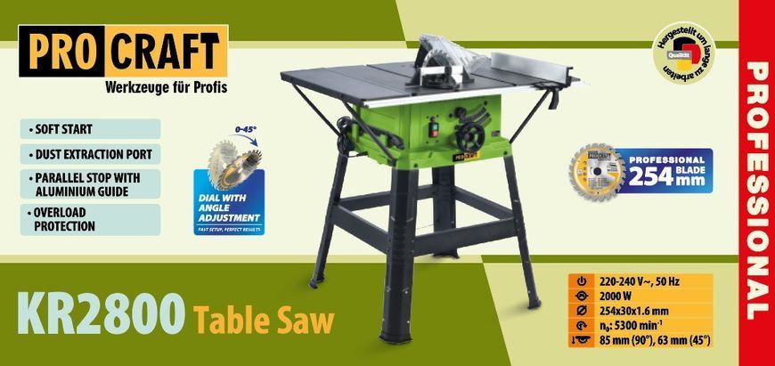 Стационарная циркулярная пила Procraft KR2800, 2000/2200 Вт, диск 254 мм, стол 630&times;545 мм 028002 фото