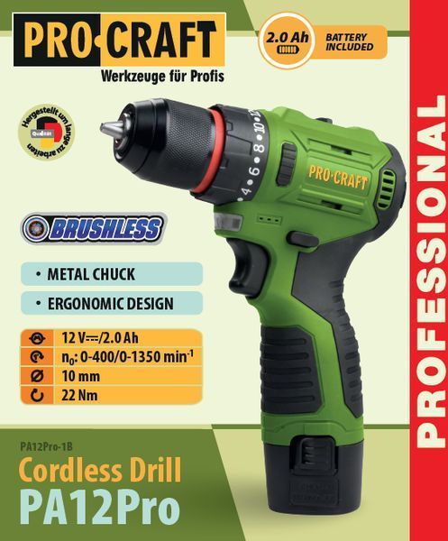 Шуруповерт Procraft PA12Pro, 1 аккумулятор, 22 Нм, бесщеточный двигатель 000129 фото