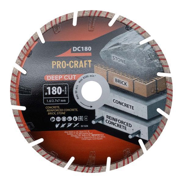 Алмазный диск PROCRAFT DC180 Deep Cut, 180 мм для камня, кирпича и бетона DC1800 фото