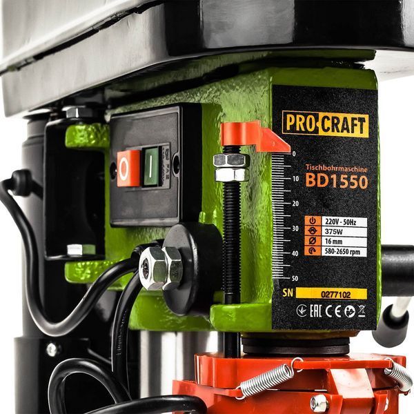 Сверлильный станок Procraft BD1550, 375 Вт, 580-2650 об/мин, патрон 16 мм, стол 160х160 мм, стойка 340 мм BD1550 фото