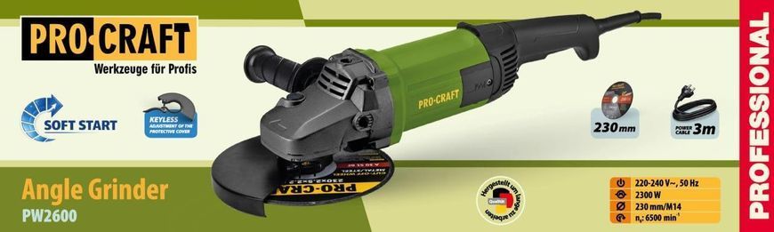 Углошлифовальная машина Procraft PW2600 2300 Вт, 230 мм, 6500 об/мин 002603 фото