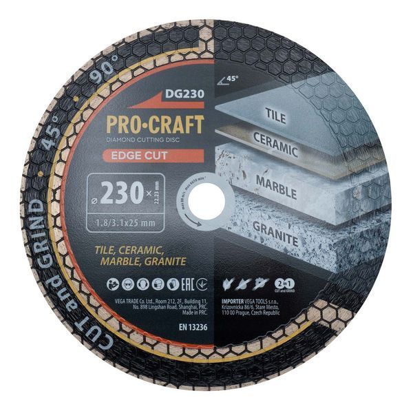 Диск алмазный PROCRAFT DG230 EDGE CUT, 230 мм для плитки, мрамора и гранита DG2300 фото